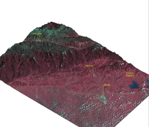 Vista perspectiva del pie de monte andino en colores  falsos (LandsatTM)